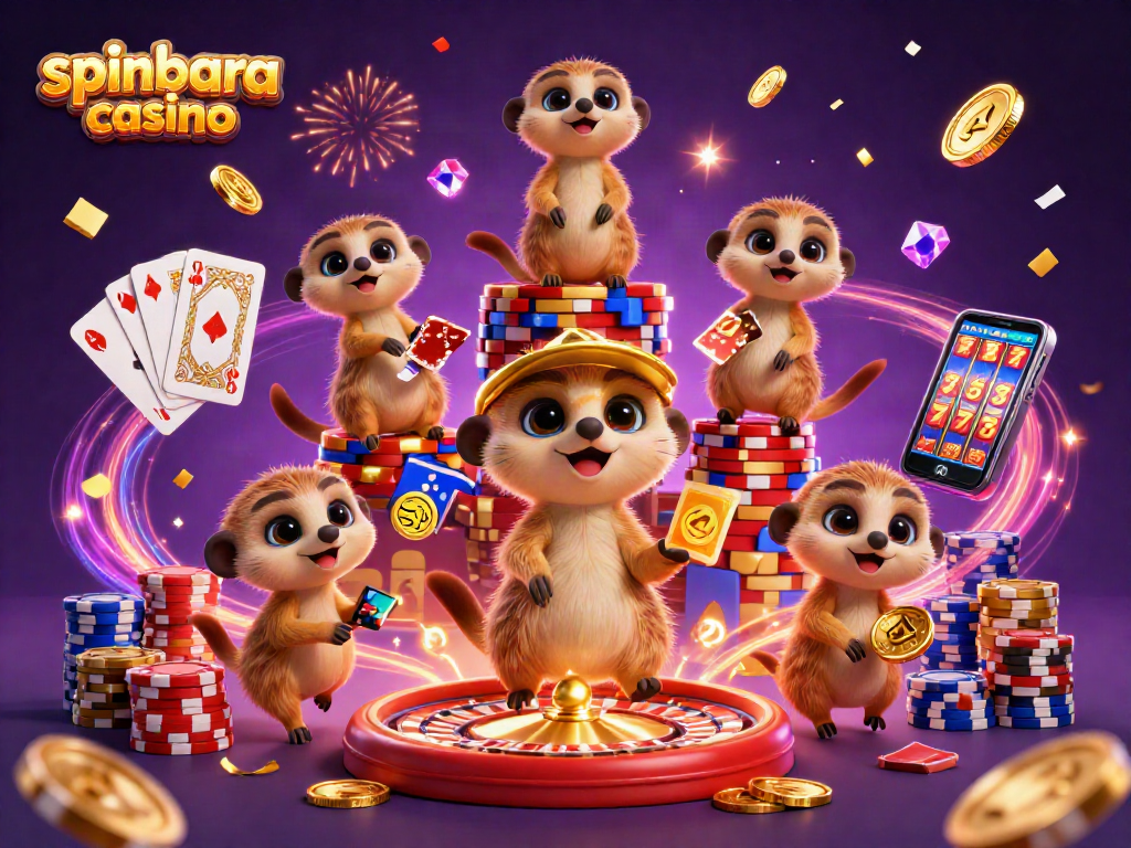 Experience the thrill of spinbara casino with meerkats managing a vibrant casino scene full of excitement.