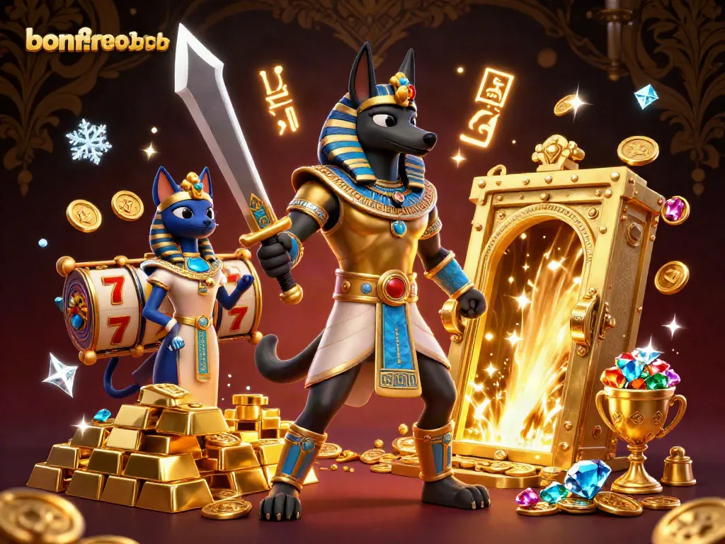 Spin to win at bonfireblockparty with vibrant 3D Egyptian-themed casino illustration full of treasures.