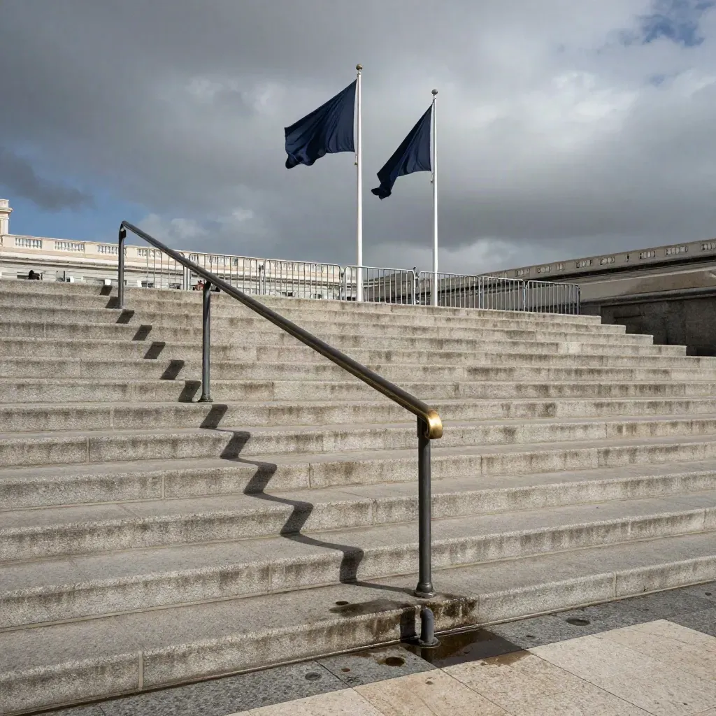 Escalinata institucional en Madrid con banderas azules, vallas vacías y cielo gris de invierno.
