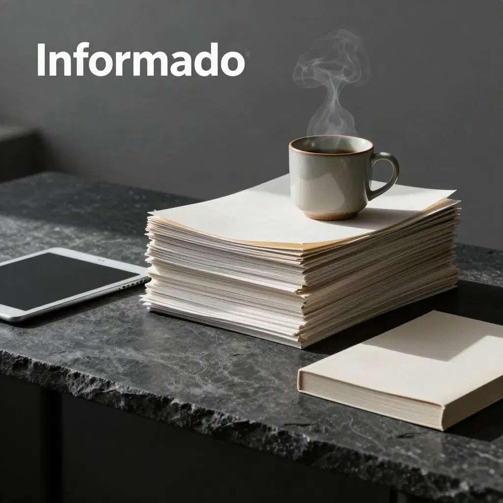 Escritorio editorial de piedra oscura con folios, tableta apagada, taza y bloc bajo luz dramática.