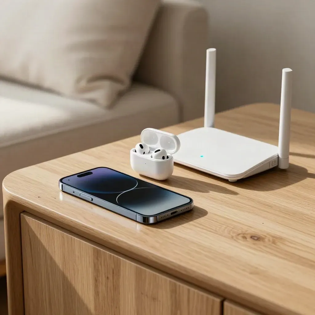 Smartphone boca abajo, auriculares abiertos y router blanco sobre mesa de madera al sol.