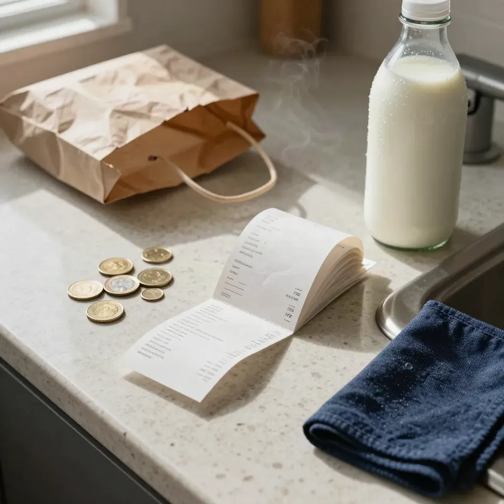 Vista cenital de recibos, monedas, una bolsa del súper y una botella de leche junto al fregadero.