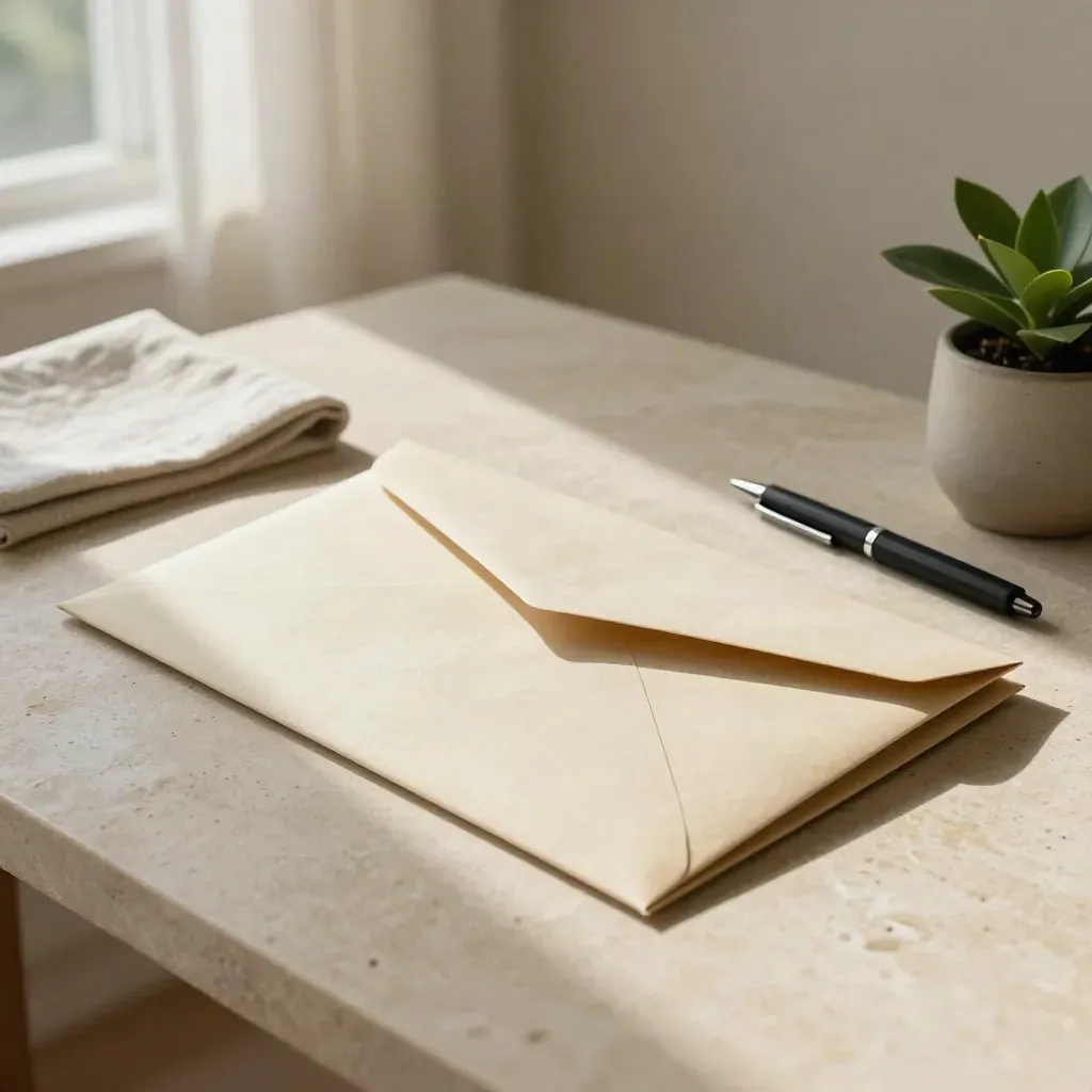 Sobre beige, carpeta cerrada, bolígrafo negro y planta pequeña sobre mesa clara junto a una ventana.