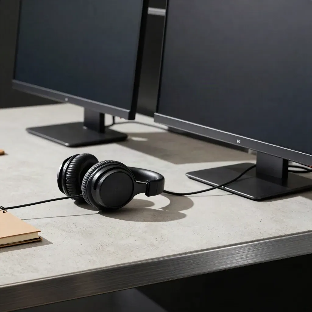 Escritorio editorial con dos pantallas oscuras, auriculares, libreta cerrada y una tira de LEDs fríos.