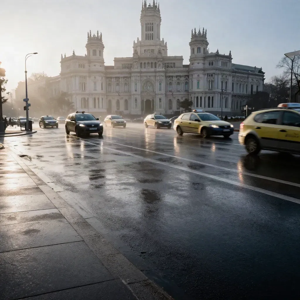 Cruce madrileño al amanecer, taxis borrosos, asfalto mojado y ministerio al fondo