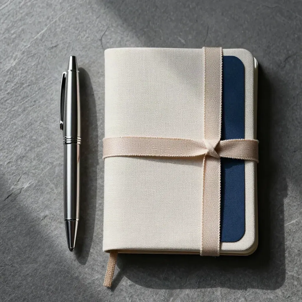 Pluma metálica, sello y cuaderno con cinta sobre piedra gris, luz cenital suave.