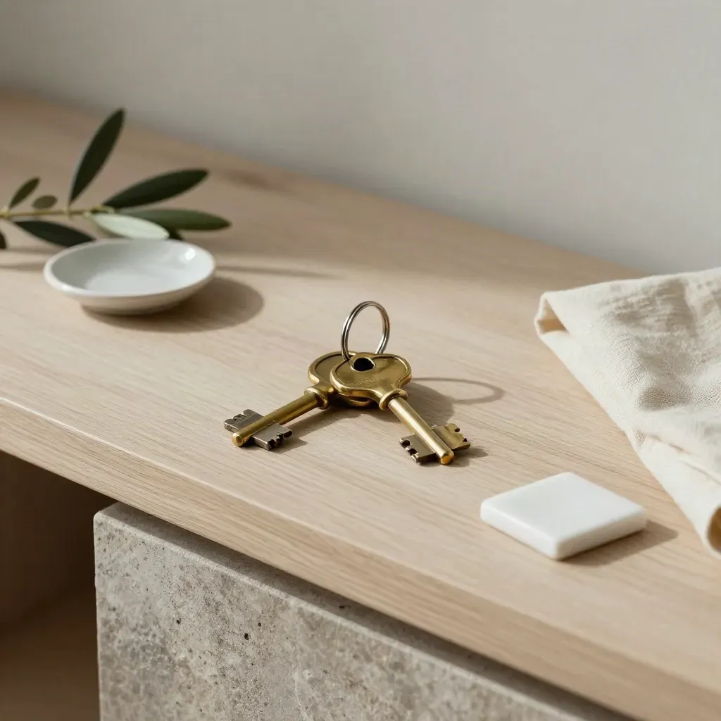 Llaves de latón, azulejo blanco y rama de olivo sobre madera clara, con luz cálida.