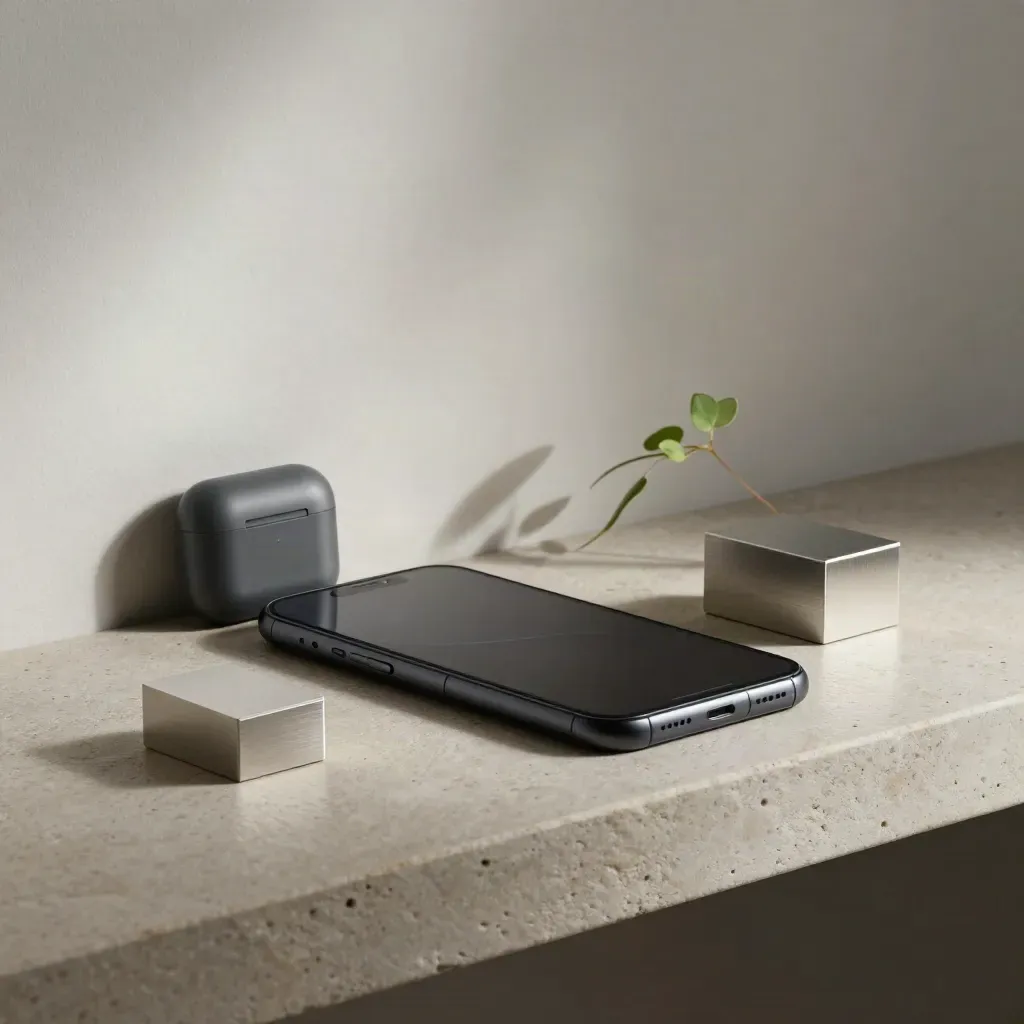 Teléfono negro, estuche de auriculares, bloque de aluminio y planta sobre repisa de piedra.