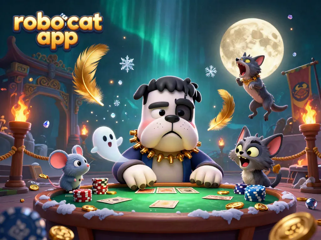 Engage with the robocat app in a vibrant casino setting featuring a cartoon bulldog and spooky elements.