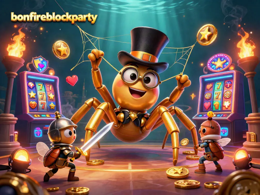 Experience excitement at bonfireblockparty with a vibrant casino scene featuring colorful slot machines and playful characters.