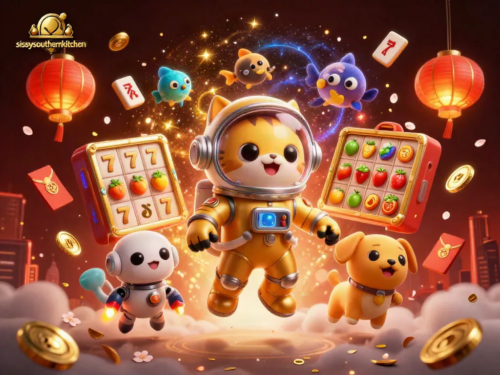 Sissy's Southern Kitchen showcases an energetic 3D gambling scene with a space astronaut cat and a robot dog amidst dynamic slots and gold coins.